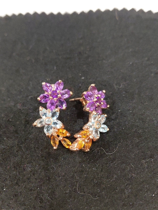Jewelry - Floral Multi-Gem Cluster Climbing Post Earrings -Amethyst, Blue Topaz & Citrine.